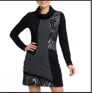 Joseph Ribkoff Art to Wear Lagenlook Tunic Dress Zebra Print Cowl Neck Canada 12